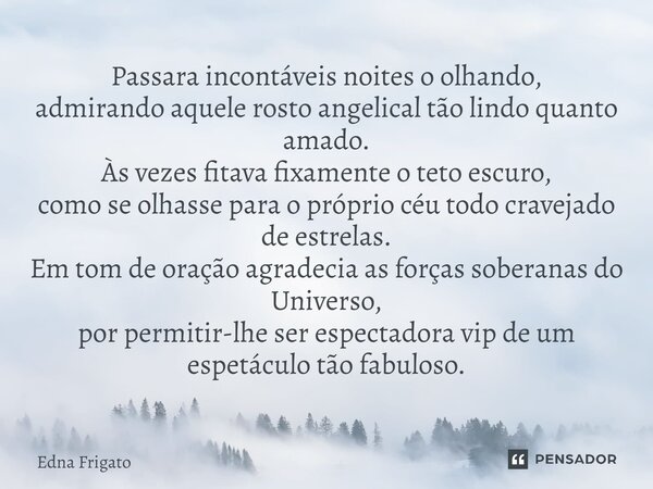 Passara incontáveis noites o olhando, admirando aquele rosto angelical tão lindo quanto amado. Às vezes fitava fixamente o teto escuro, como se olhasse para o p... Frase de Edna Frigato.