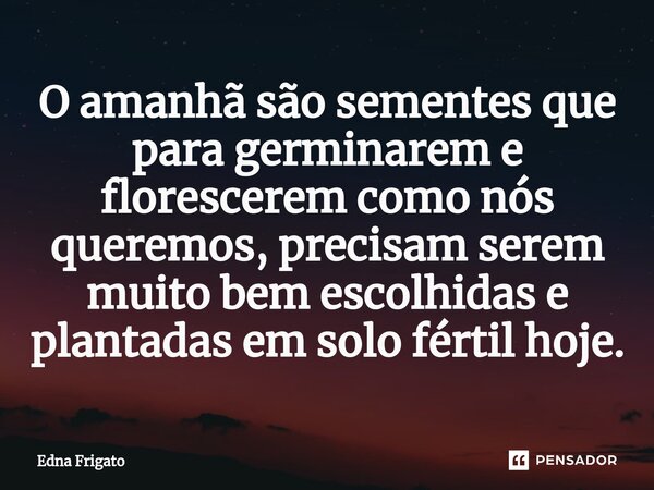 ⁠O amanhã são sementes que para germinarem e florescerem como nós queremos, precisam serem muito bem escolhidas e plantadas em solo fértil hoje.... Frase de Edna Frigato.