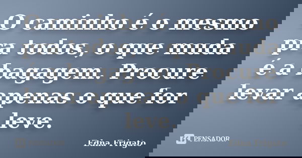 O caminho é o mesmo pra todos, o que muda é a bagagem. Procure levar apenas o que for leve.... Frase de Edna Frigato.