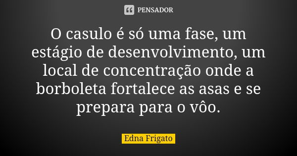 O casulo é só uma fase, um estágio de desenvolvimento, um local de concentração onde a borboleta fortalece as asas e se prepara para o vôo.... Frase de Edna Frigato.