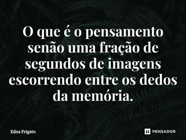 ⁠O que é o pensamento senão uma fração de segundos de imagens escorrendo entre os dedos da memória.... Frase de Edna Frigato.