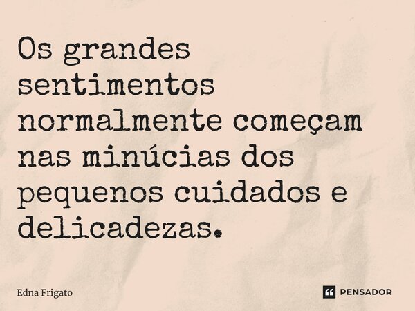 ⁠Os grandes sentimentos normalmente começam nas minúcias dos pequenos cuidados e delicadezas.... Frase de Edna Frigato.