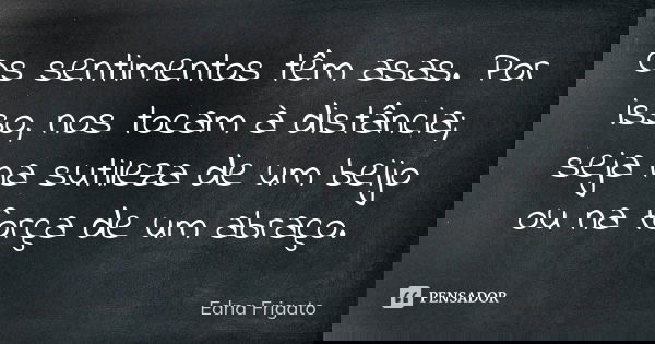 Os sentimentos têm asas. Por isso, nos tocam à distância; seja na sutileza de um beijo ou na força de um abraço.... Frase de Edna Frigato.