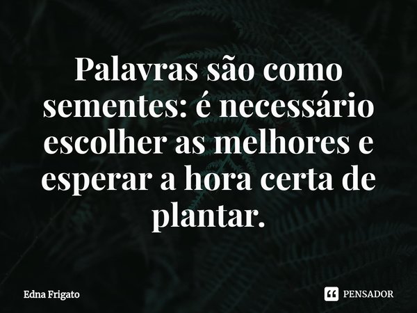 ⁠Palavras são como sementes: é necessário escolher as melhores e esperar a hora certa de plantar.... Frase de Edna Frigato.