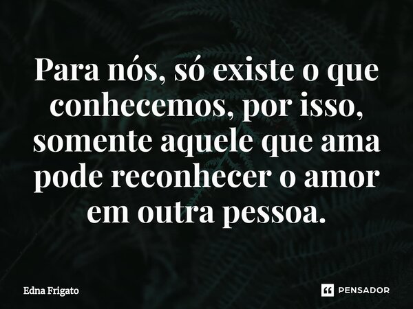 ⁠Para nós, só existe o que conhecemos, por isso, somente aquele que ama pode reconhecer o amor em outra pessoa.... Frase de Edna Frigato.