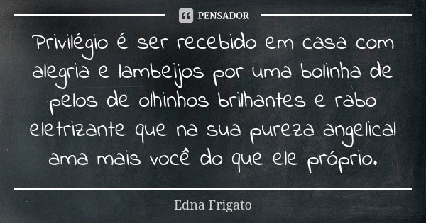 Privilégio é ser recebido em casa com alegria e lambeijos por uma bolinha de pelos de olhinhos brilhantes e rabo eletrizante que na sua pureza angelical ama mai... Frase de Edna Frigato.