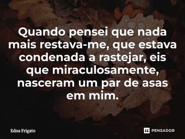 ⁠Quando pensei que nada mais restava-me, que estava condenada a rastejar, eis que miraculosamente, nasceram um par de asas em mim.... Frase de Edna Frigato.