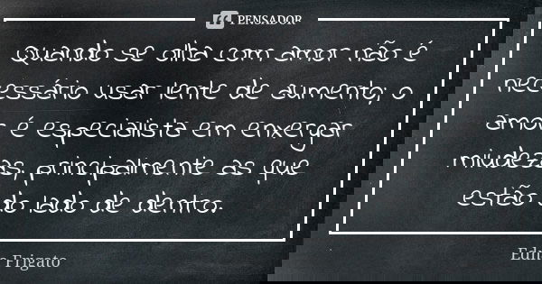 Quando se olha com amor não é necessário usar lente de aumento; o amor é especialista em enxergar miudezas, principalmente as que estão do lado de dentro.... Frase de Edna Frigato.