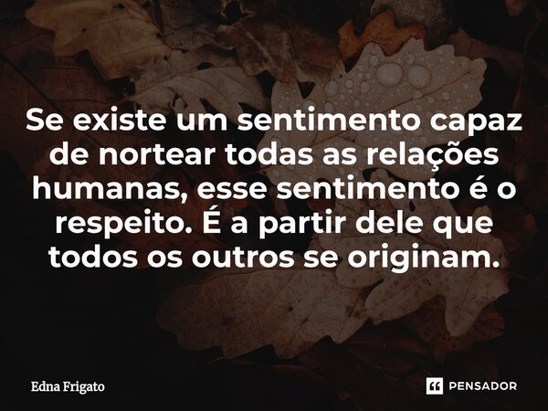 ⁠Se existe um sentimento capaz de nortear todas as relações humanas, esse sentimento é o respeito. É a partir dele que todos os outros se originam.... Frase de Edna Frigato.