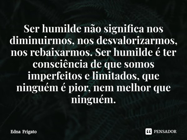 ⁠Ser humilde não significa nos diminuirmos, nos desvalorizarmos, nos rebaixarmos. Ser humilde é ter consciência de que somos imperfeitos e limitados, que ningué... Frase de Edna Frigato.