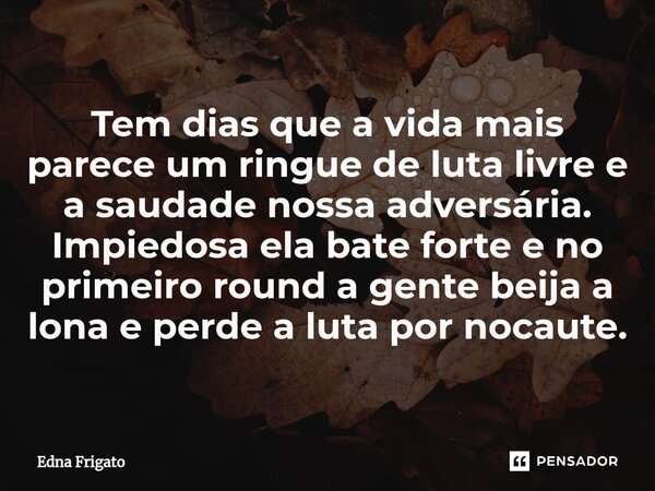 ⁠Tem dias que a vida mais parece um ringue de luta livre e a saudade nossa adversária. Impiedosa ela bate forte e no primeiro round a gente beija a lona e perde... Frase de Edna Frigato.