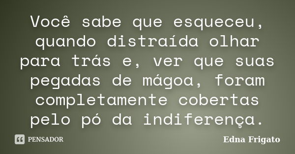 Você sabe que esqueceu, quando distraída olhar para trás e, ver que suas pegadas de mágoa, foram completamente cobertas pelo pó da indiferença.... Frase de Edna Frigato.