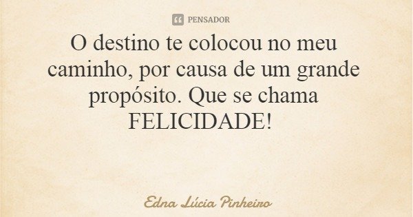 O destino te colocou no meu caminho, por causa de um grande propósito. Que se chama FELICIDADE!... Frase de Edna Lúcia Pinheiro.