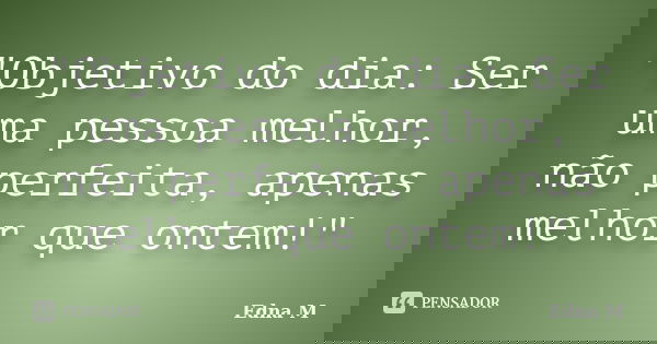 "Objetivo do dia: Ser uma pessoa melhor, não perfeita, apenas melhor que ontem!"... Frase de Edna M.