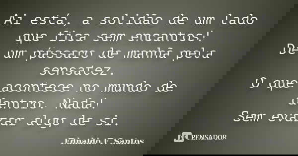 Ai está, a solidão de um lado que fica sem encantos! De um pássaro de manhã pela sensatez. O que acontece no mundo de dentro. Nada! Sem evazar algo de si.... Frase de Ednaldo F. Santos.