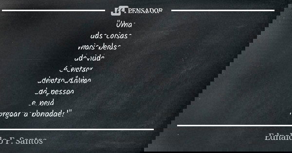 "Uma das coisas mais belas da vida é entrar dentro d'alma da pessoa e nela pregar a bondade!"... Frase de Ednaldo F. Santos.
