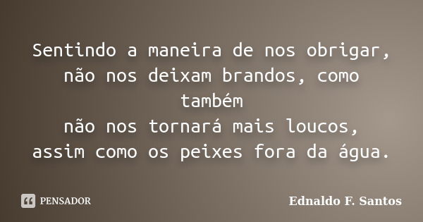 Sentindo a maneira de nos obrigar, não nos deixam brandos, como também não nos tornará mais loucos, assim como os peixes fora da água.... Frase de Ednaldo F. Santos.