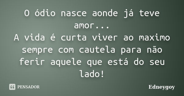 O ódio nasce aonde já teve amor... A vida é curta viver ao maximo sempre com cautela para não ferir aquele que está do seu lado!... Frase de Edneygoy.