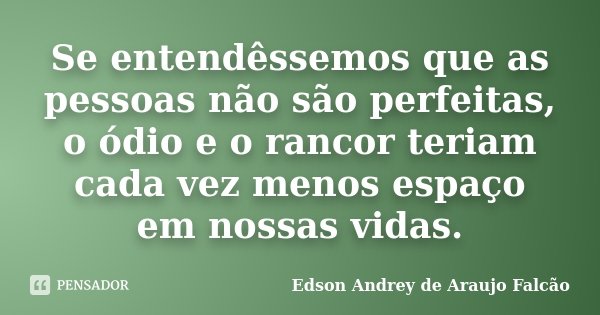 Se entendêssemos que as pessoas não são perfeitas, o ódio e o rancor teriam cada vez menos espaço em nossas vidas.... Frase de Edson Andrey de Araujo Falcão.