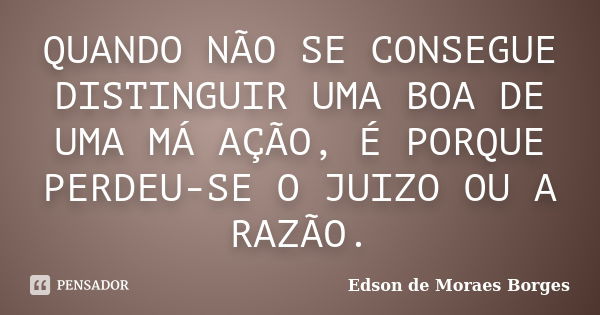 QUANDO NÃO SE CONSEGUE DISTINGUIR UMA BOA DE UMA MÁ AÇÃO, É PORQUE PERDEU-SE O JUIZO OU A RAZÃO.... Frase de Edson de Moraes Borges.