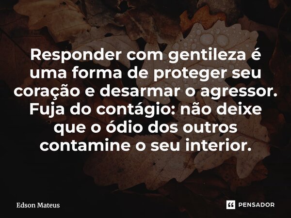⁠Responder com gentileza é uma forma de proteger seu coração e desarmar o agressor. Fuja do contágio: não deixe que o ódio dos outros contamine o seu interior.... Frase de Edson Mateus.