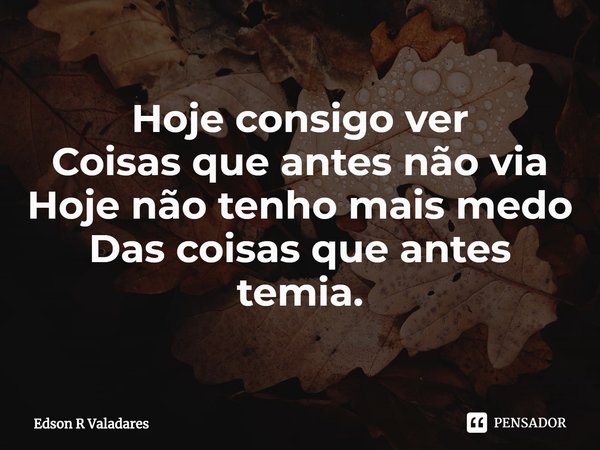 ⁠Hoje consigo ver
Coisas que antes não via
Hoje não tenho mais medo
Das coisas que antes temia.... Frase de Edson R Valadares.