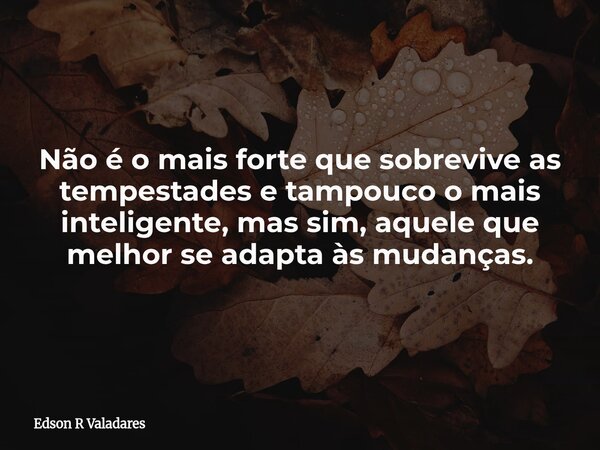 Não é o mais forte que sobrevive as tempestades e tampouco o mais inteligente, mas sim, aquele que melhor se adapta às mudanças.... Frase de Edson R Valadares.