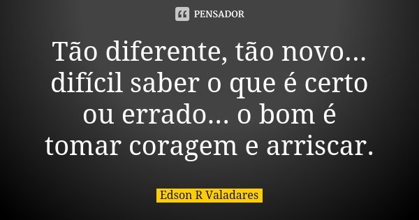Tão diferente, tão novo... difícil saber o que é certo ou errado... o bom é tomar coragem e arriscar.... Frase de Edson R Valadares.