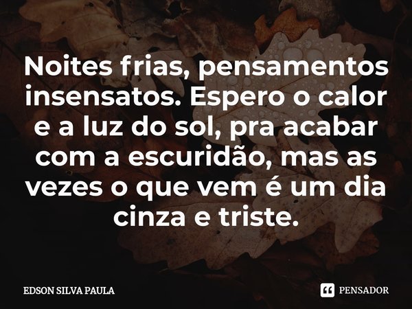 ⁠Noites frias, pensamentos insensatos. Espero o calor e a luz do sol, pra acabar com a escuridão, mas as vezes o que vem é um dia cinza e triste.... Frase de EDSON SILVA PAULA.