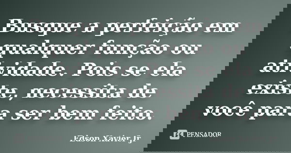 Busque a perfeição em qualquer função ou atividade. Pois se ela existe, necessita de você para ser bem feito.... Frase de Edson Xavier Jr.