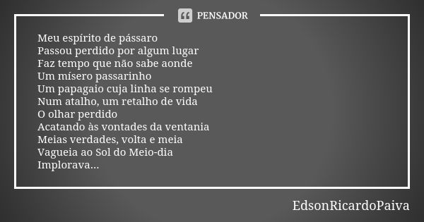 Meu espírito de pássaro Passou perdido por algum lugar Faz tempo que não sabe aonde Um mísero passarinho Um papagaio cuja linha se rompeu Num atalho, um retalho... Frase de edsonricardopaiva.