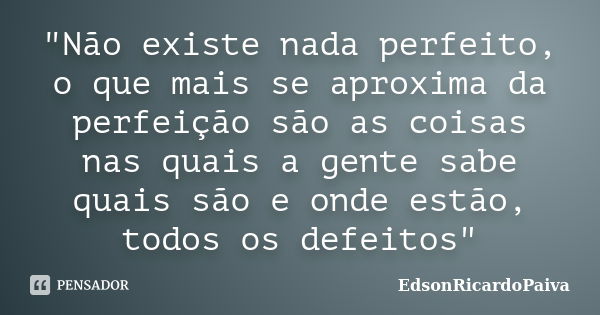 "Não existe nada perfeito, o que mais se aproxima da perfeição são as coisas nas quais a gente sabe quais são e onde estão, todos os defeitos"... Frase de edsonricardopaiva.