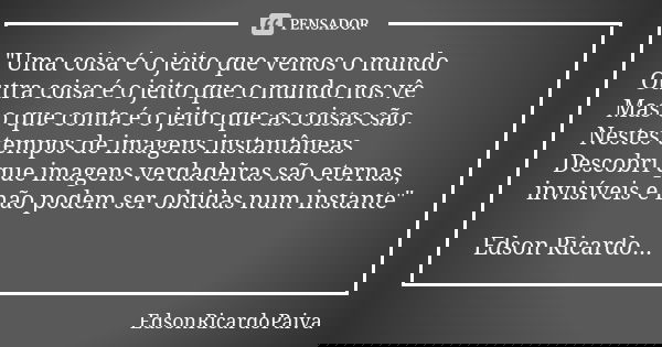 "Uma coisa é o jeito que vemos o mundo Outra coisa é o jeito que o mundo nos vê Mas o que conta é o jeito que as coisas são. Nestes tempos de imagens insta... Frase de edsonricardopaiva..