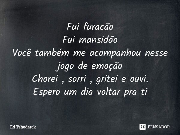 Fui furacão Fui mansidão Você também me acompanhounesse jogo de emoção Chorei , sorri , gritei e ouvi. Espero um dia voltar pra ti... Frase de Ed Tshadarck.