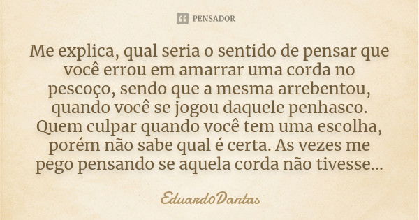 Me explica, qual seria o sentido de pensar que você errou em amarrar uma corda no pescoço, sendo que a mesma arrebentou, quando você se jogou daquele penhasco. ... Frase de Eduard0Dantas.