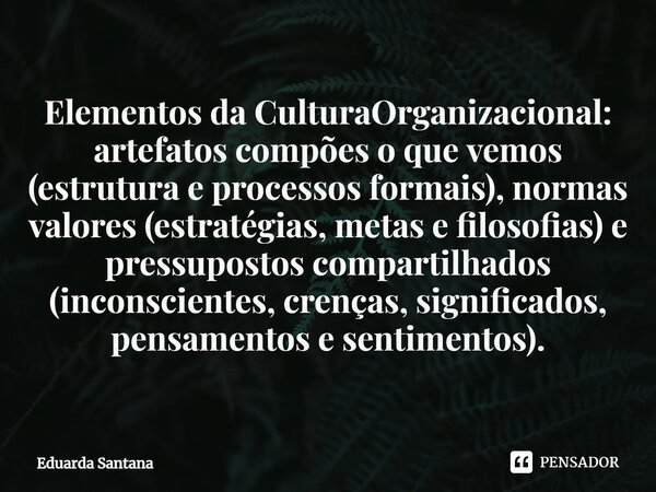 ⁠Elementos da CulturaOrganizacional: artefatos compões o que vemos (estrutura e processos formais), normas valores (estratégias, metas e filosofias) e pressupos... Frase de Eduarda Santana.