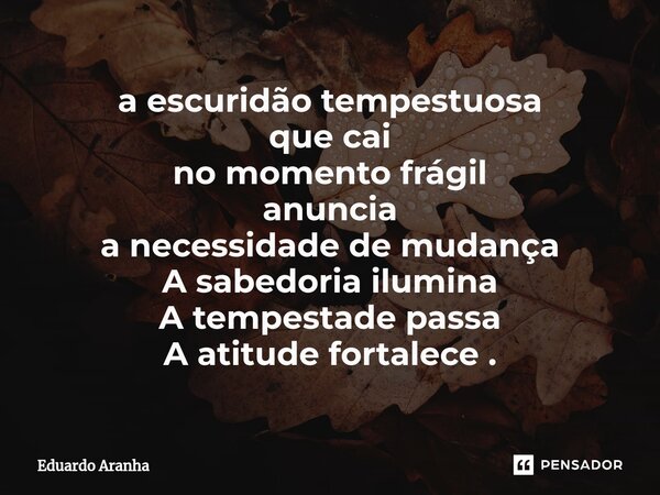 ⁠a escuridão tempestuosa que cai no momento frágil anuncia a necessidade de mudança A sabedoria ilumina A tempestade passa A atitude fortalece .... Frase de Eduardo Aranha.