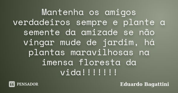 Mantenha os amigos verdadeiros sempre e plante a semente da amizade se não vingar mude de jardim, há plantas maravilhosas na imensa floresta da vida!!!!!!!... Frase de Eduardo Bagattini.