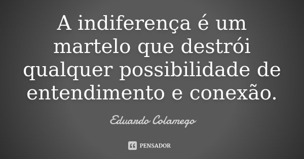 A indiferença é um martelo que destrói qualquer possibilidade de entendimento e conexão.... Frase de Eduardo Colamego.