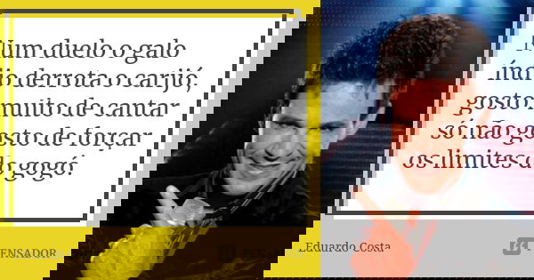 Num duelo o galo índio derrota o carijó, gosto muito de cantar só não gosto de forçar os limites do gogó.... Frase de Eduardo Costa.