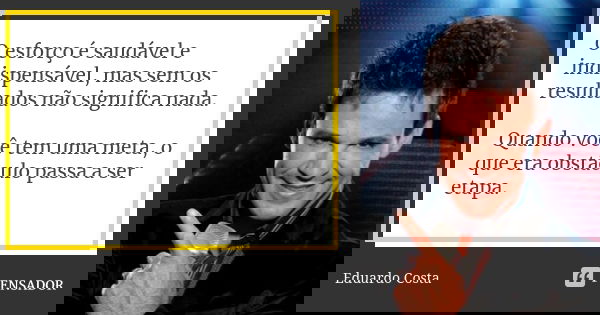 O esforço é saudável e indispensável, mas sem os resultados não significa nada. Quando você tem uma meta, o que era obstáculo passa a ser etapa.... Frase de Eduardo Costa.