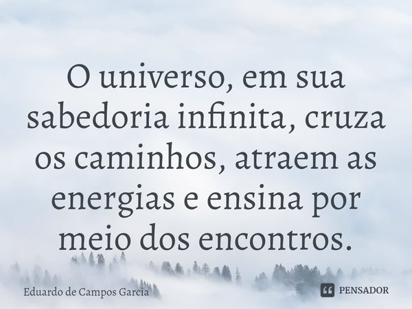 ⁠O universo, em sua sabedoria infinita, cruza os caminhos, atraem as energias e ensina por meio dos encontros.... Frase de Eduardo de Campos Garcia.