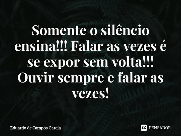 ⁠Somente o silêncio ensina!!! Falar as vezes é se expor sem volta!!! Ouvir sempre e falar as vezes!... Frase de Eduardo de Campos Garcia.