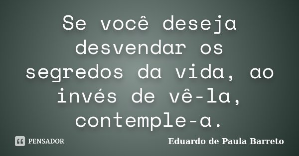 Se você deseja desvendar os segredos da vida, ao invés de vê-la, contemple-a.... Frase de Eduardo de Paula Barreto.