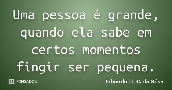 Uma pessoa é grande, quando ela sabe em certos momentos fingir ser pequena.... Frase de Eduardo H. C. da Silva.