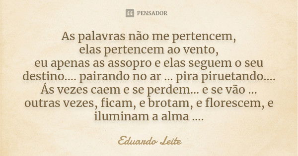 As palavras não me pertencem, elas pertencem ao vento, eu apenas as assopro e elas seguem o seu destino.... pairando no ar ... pira piruetando.... Ás vezes caem... Frase de Eduardo Leite.