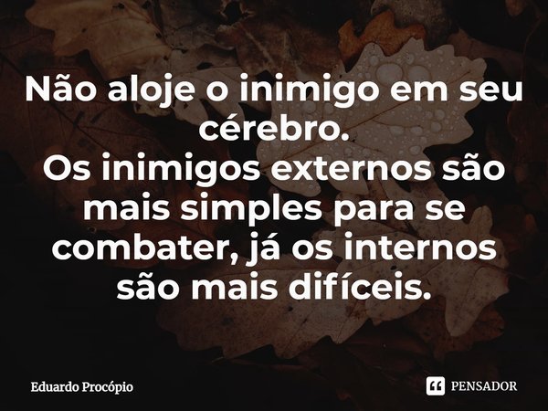 ⁠Não aloje o inimigo em seu cérebro.
Os inimigos externos são mais simples para se combater, já os internos são mais difíceis.... Frase de Eduardo Procopio.