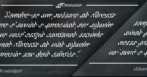 "Lembre-se um pássaro da floresta sempre é ouvido e apreciado por alguém ainda que você esteja cantando sozinho nessa grande floresta da vida alguém vai ou... Frase de Eduardo Santiago.