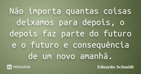 Não importa quantas coisas deixamos para depois, o depois faz parte do futuro e o futuro e consequência de um novo amanhã.... Frase de Eduardo Schmidt.