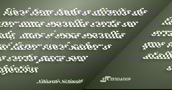 Você tem todo o direito de fazer uma escolha certa ou errada, mas é essa escolha que vai fazer você saber o atalho certo para seu objetivo.... Frase de Eduardo Schmidt.